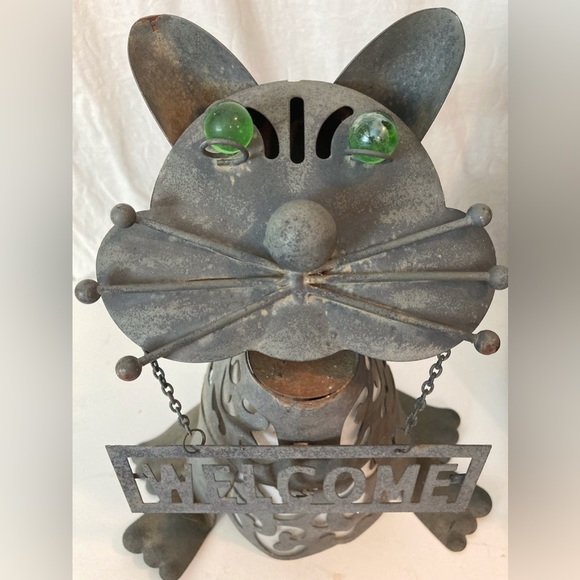 Steampunk Cat Welcome Art Metal Cat  Lantern Welded W/ Green Glass Eyes - Picture 9 of 16